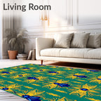 Deep Teal Yellow Blue Floral Symmetry Rug