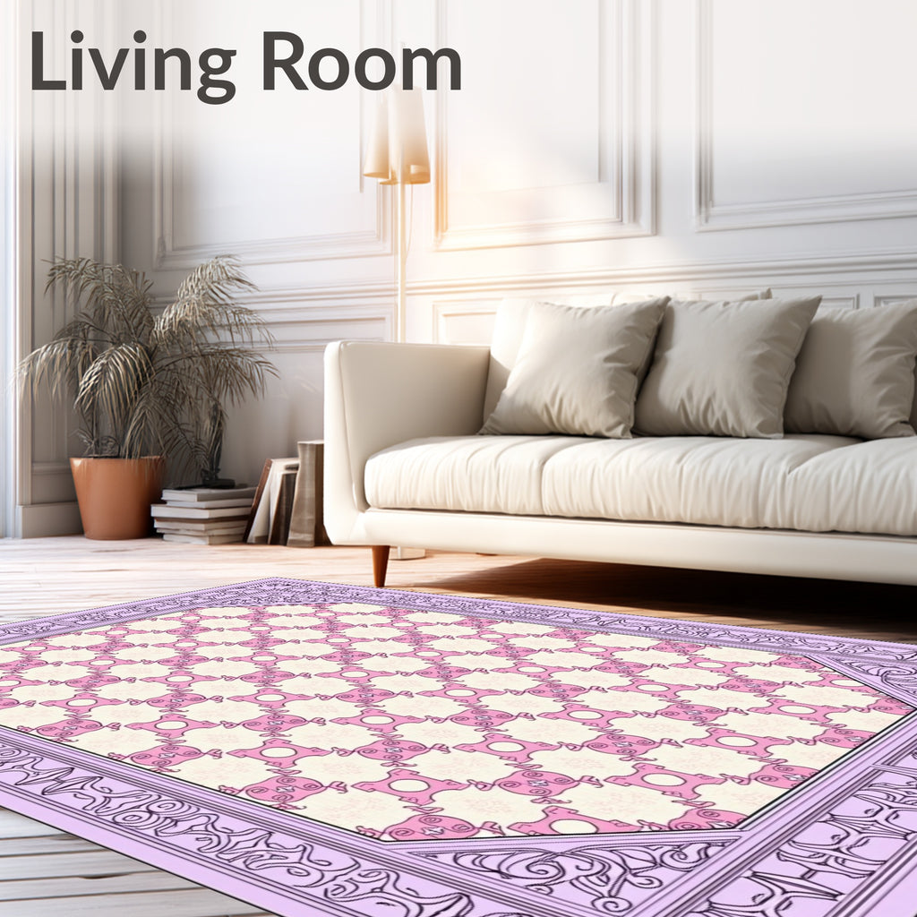 Pastel Pink Checkerboard Floral Border Rug