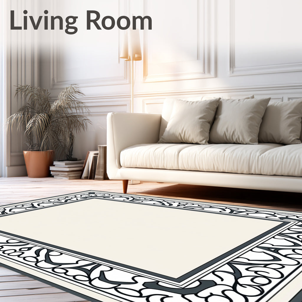 Ornate Ivory Black Floral Border Rug