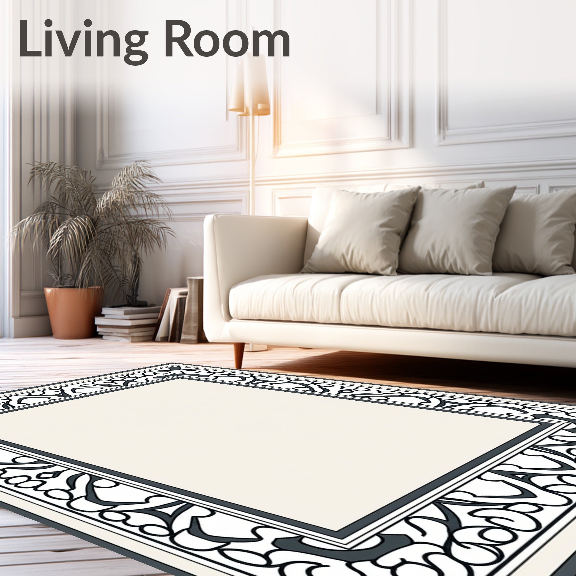 Ornate Ivory Black Floral Border Rug
