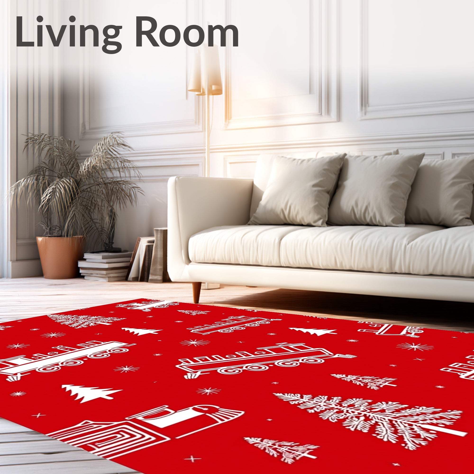 Red White Train Christmas Tree Repeat Rug