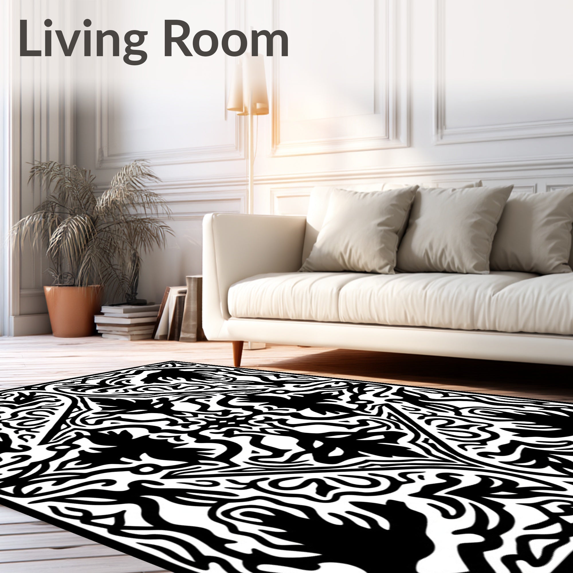 Black White Classical Floral Arabesque Rug