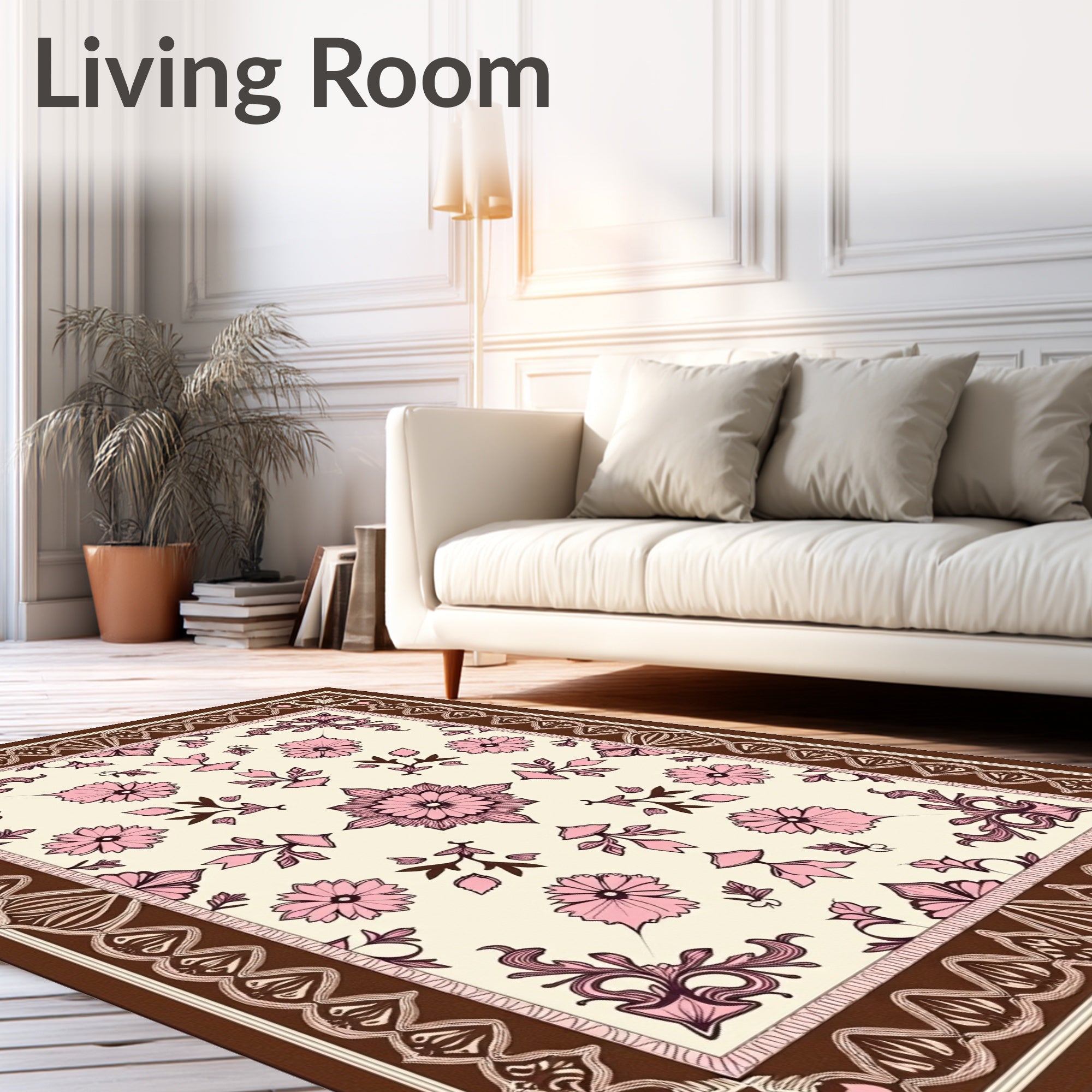 Pink Floral Cream Border Rug
