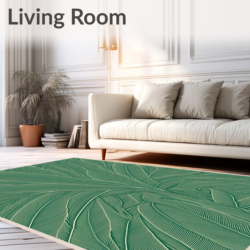 Green Tropical Leaf Line Art Rug