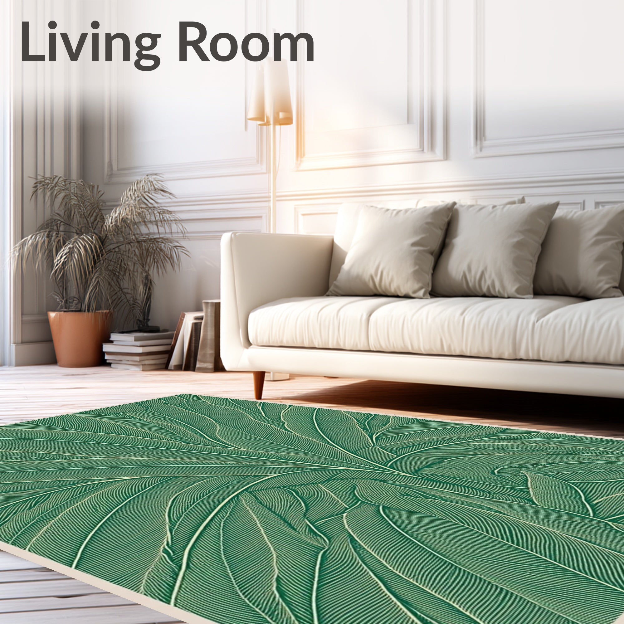 Green Tropical Leaf Line Art Rug