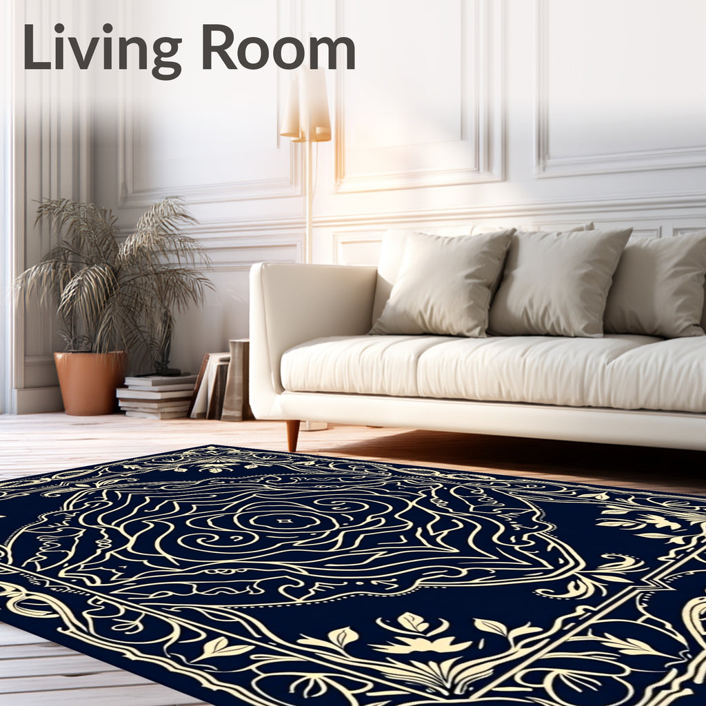 Dark Blue Ivory Floral Scroll Medallion Rug