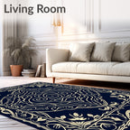 Dark Blue Ivory Floral Scroll Medallion Rug