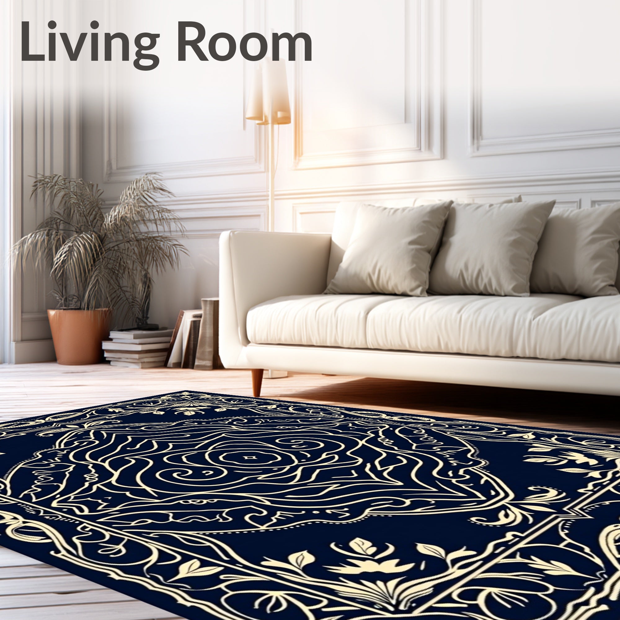 Dark Blue Ivory Floral Scroll Medallion Rug