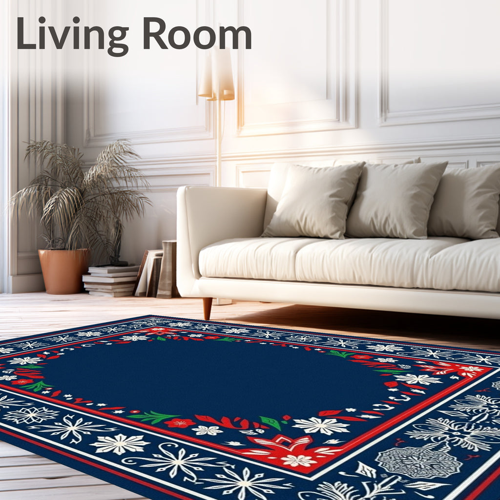 Classic Navy Red White Floral Border Rug