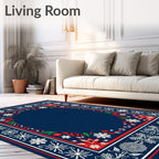 Classic Navy Red White Floral Border Rug
