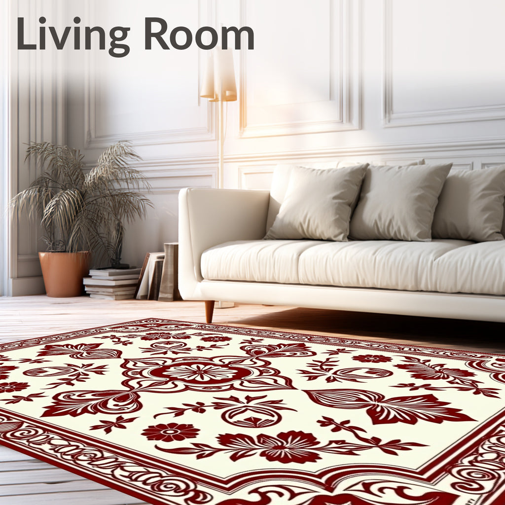 Crimson Red Ornate Floral Border Rug