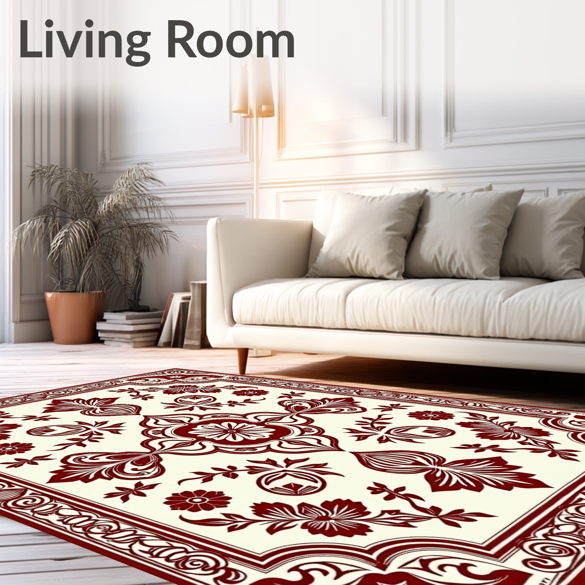 Crimson Red Ornate Floral Border Rug