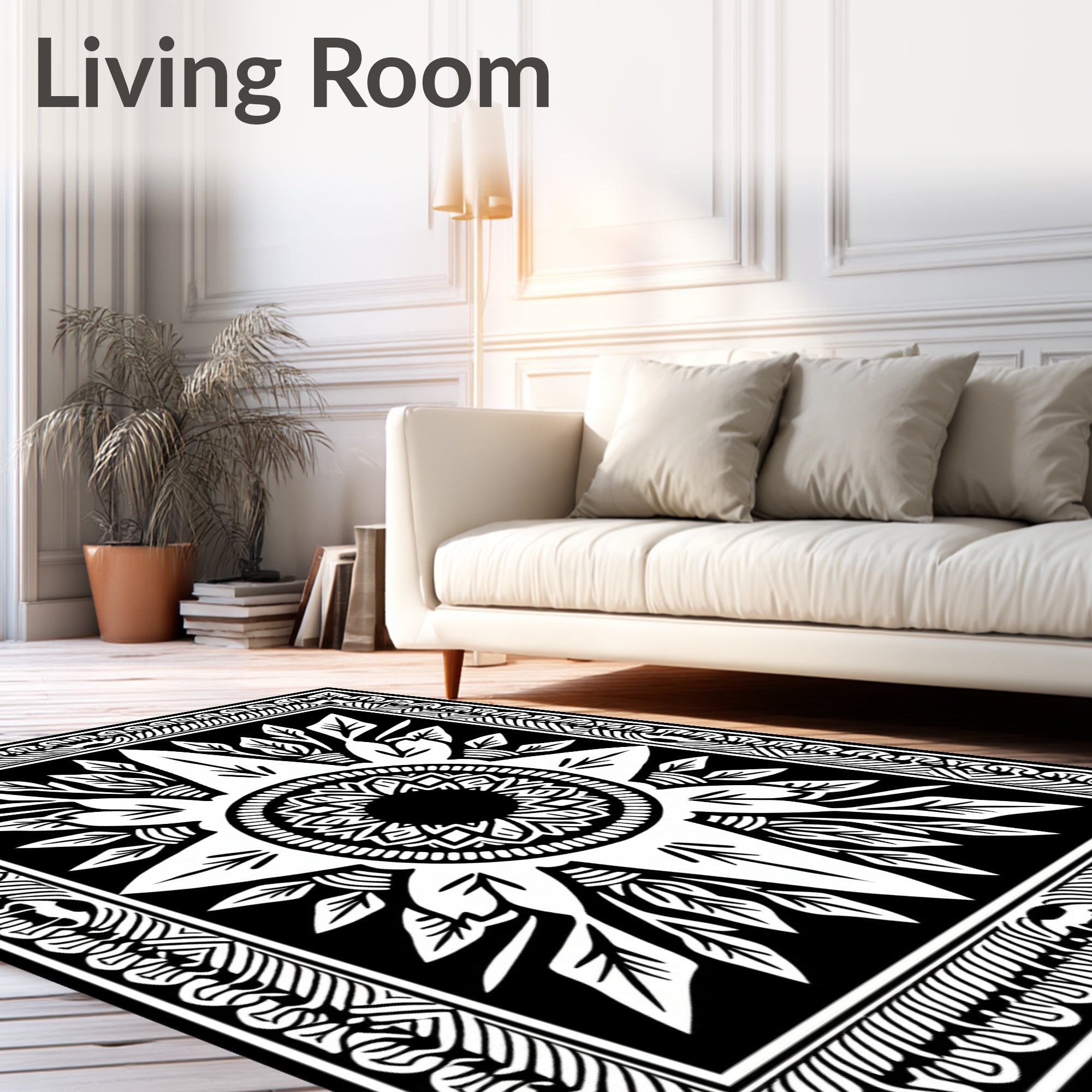 Black White Sunburst Mandala Medallion Rug