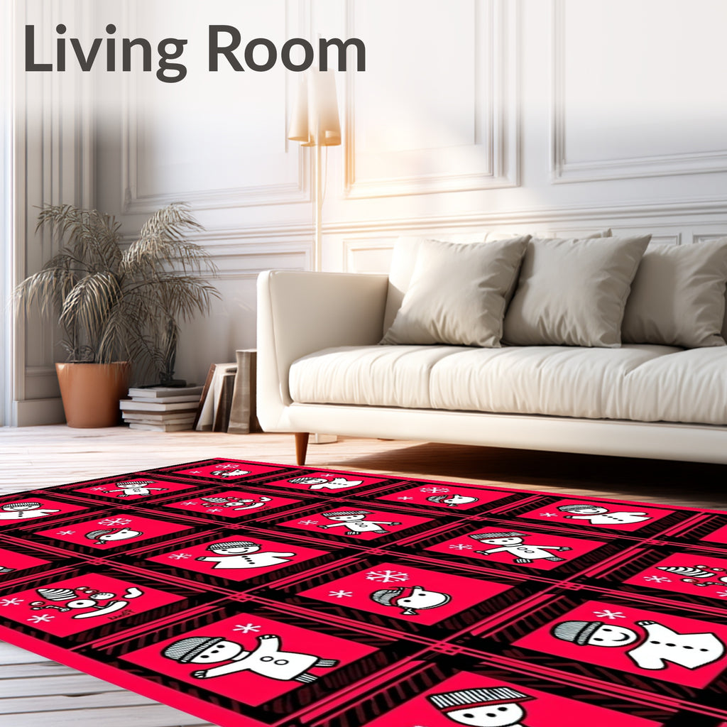 Red Plaid Snowman And Snowflake Square Rug