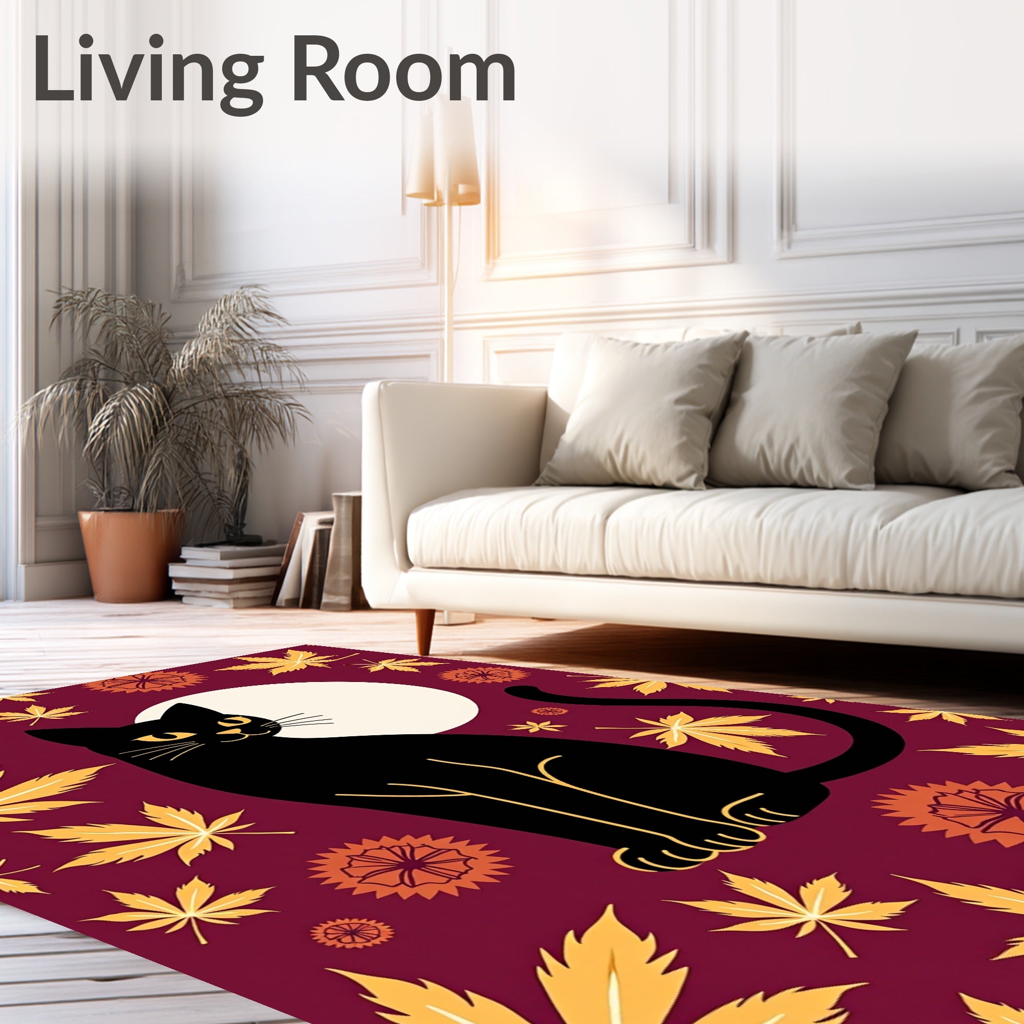 Black Cat Golden Autumn Leaves Moon Rug
