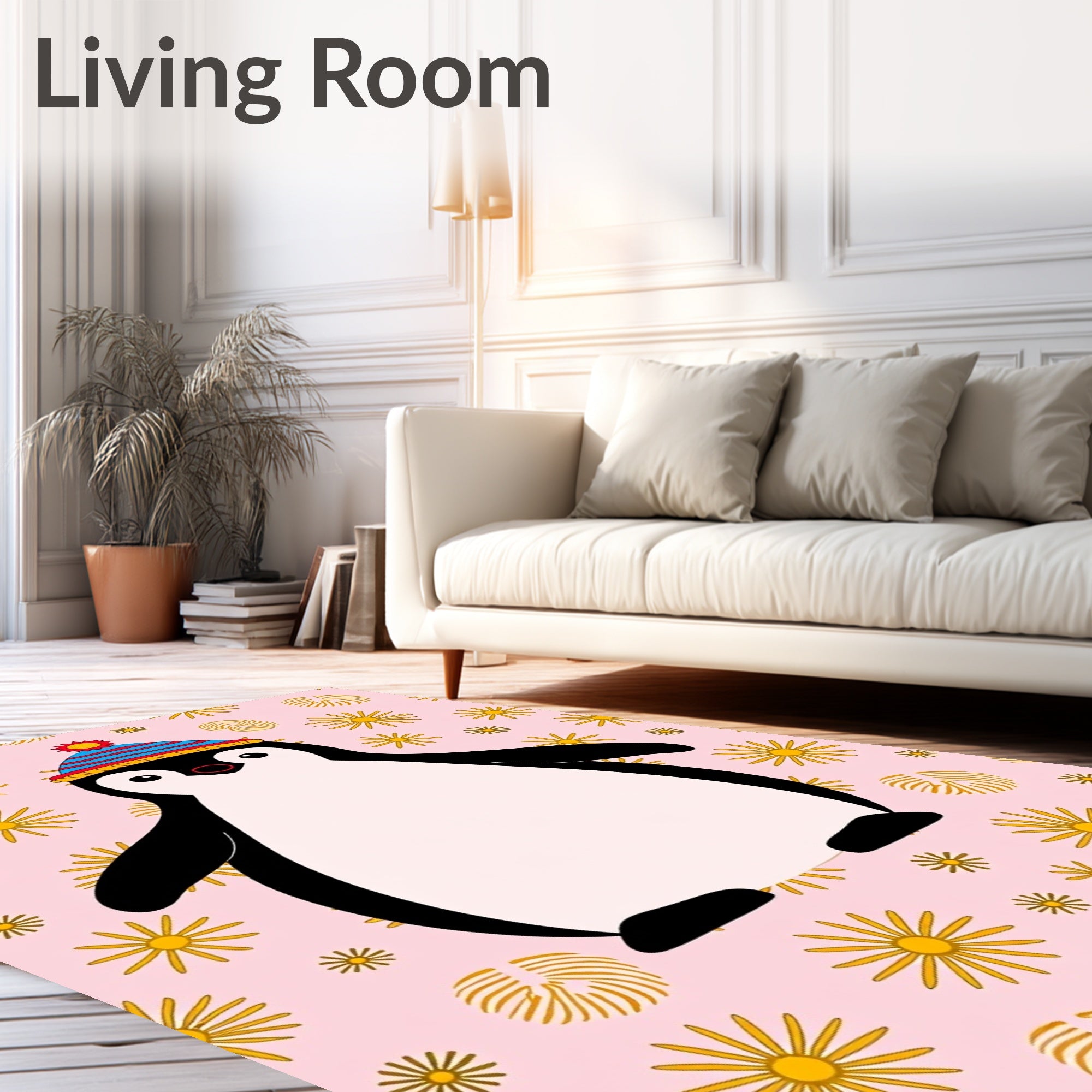 Pink Yellow Starry Penguin Hat Rug