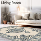 Pale Cream Blue Floral Medallion Border Rug