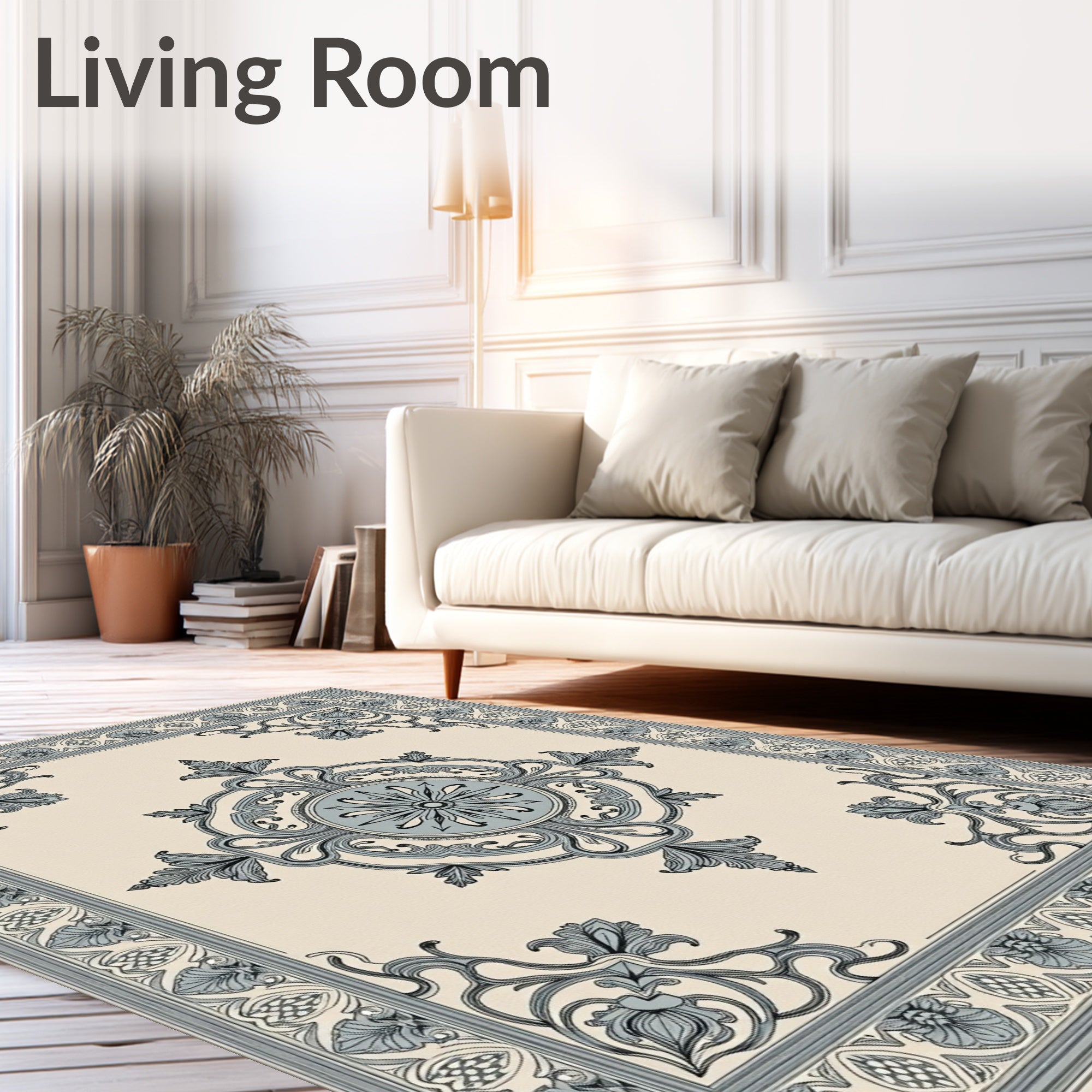 Pale Cream Blue Floral Medallion Border Rug