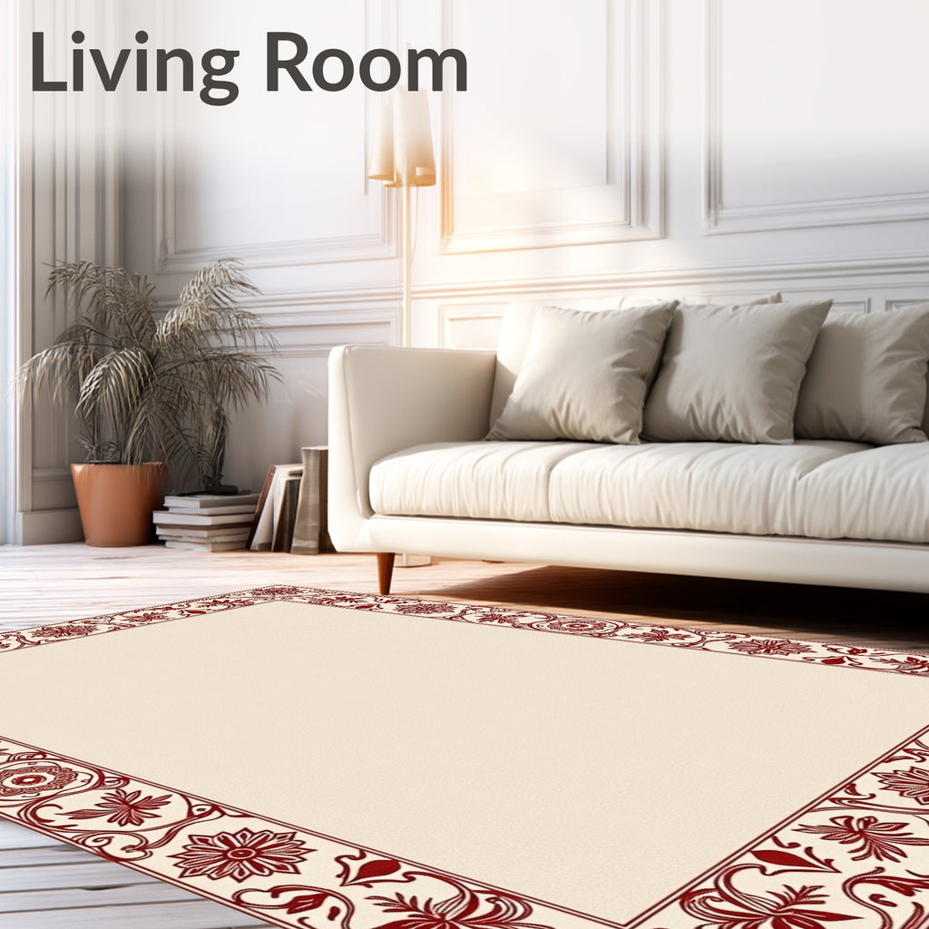 Crimson Floral Bordered Cream Rug