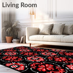 Vibrant Scarlet Red Black Bloom Oval Rug