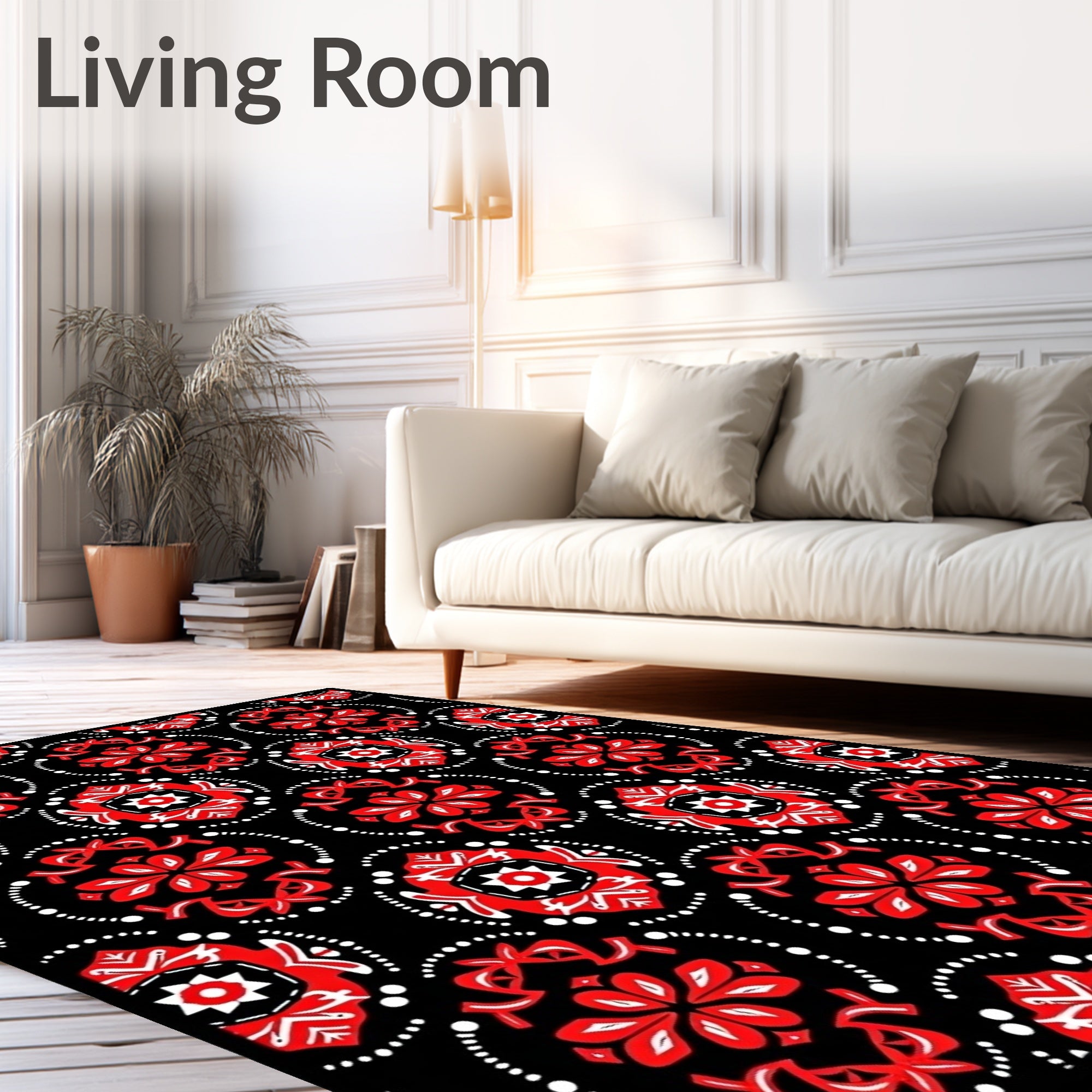 Vibrant Scarlet Red Black Bloom Oval Rug
