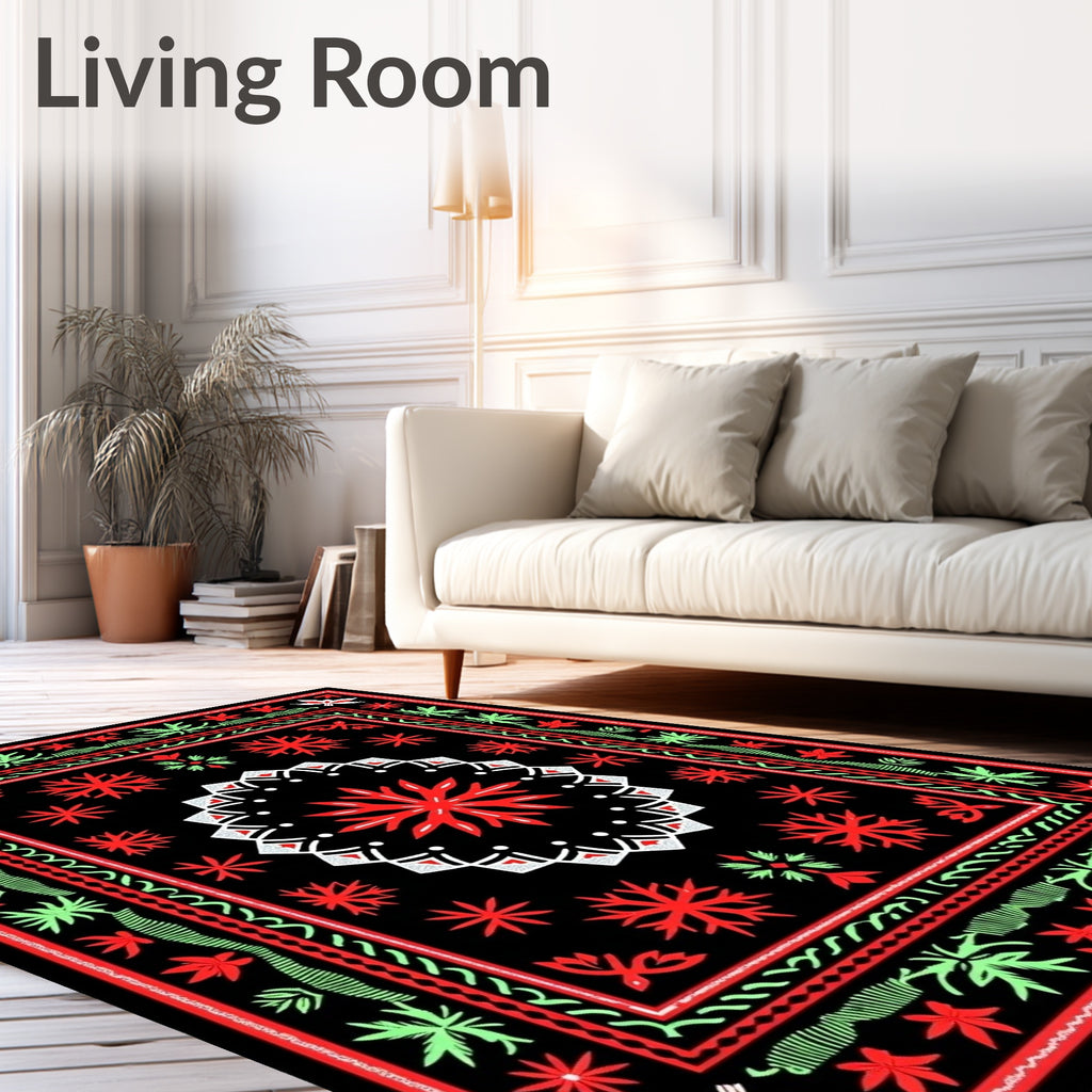Bold Red Black Floral Mandala Rug