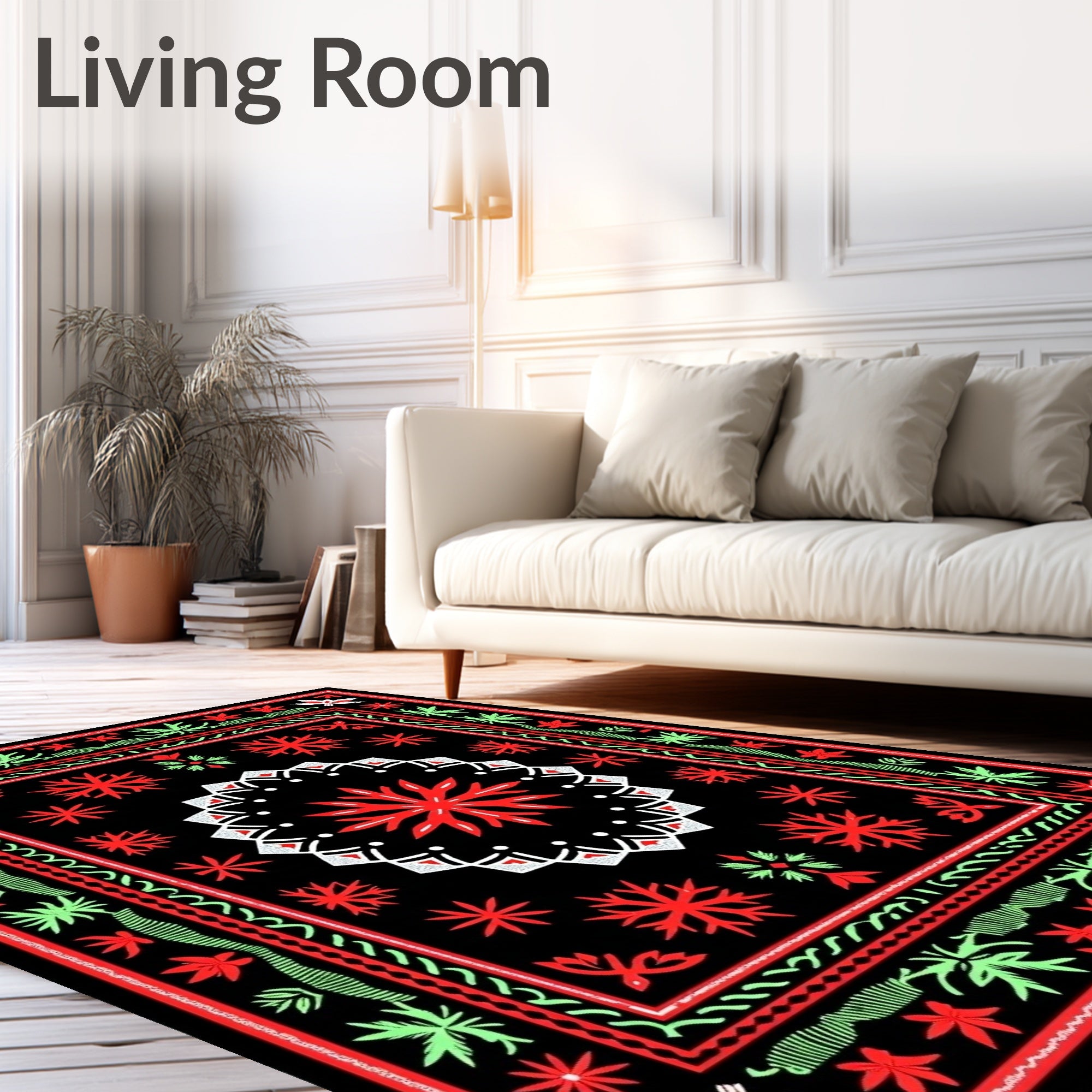 Bold Red Black Floral Mandala Rug