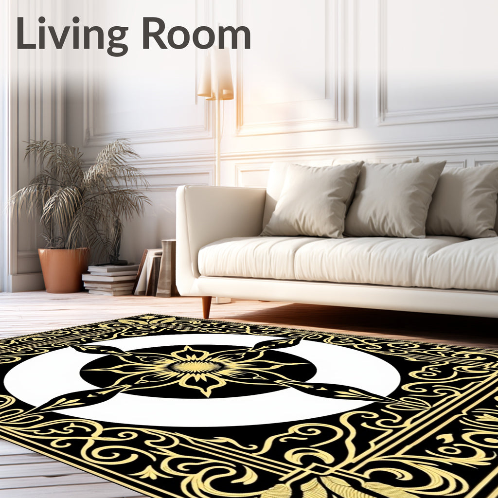 Black Gold Floral Sunburst Mandala Rug