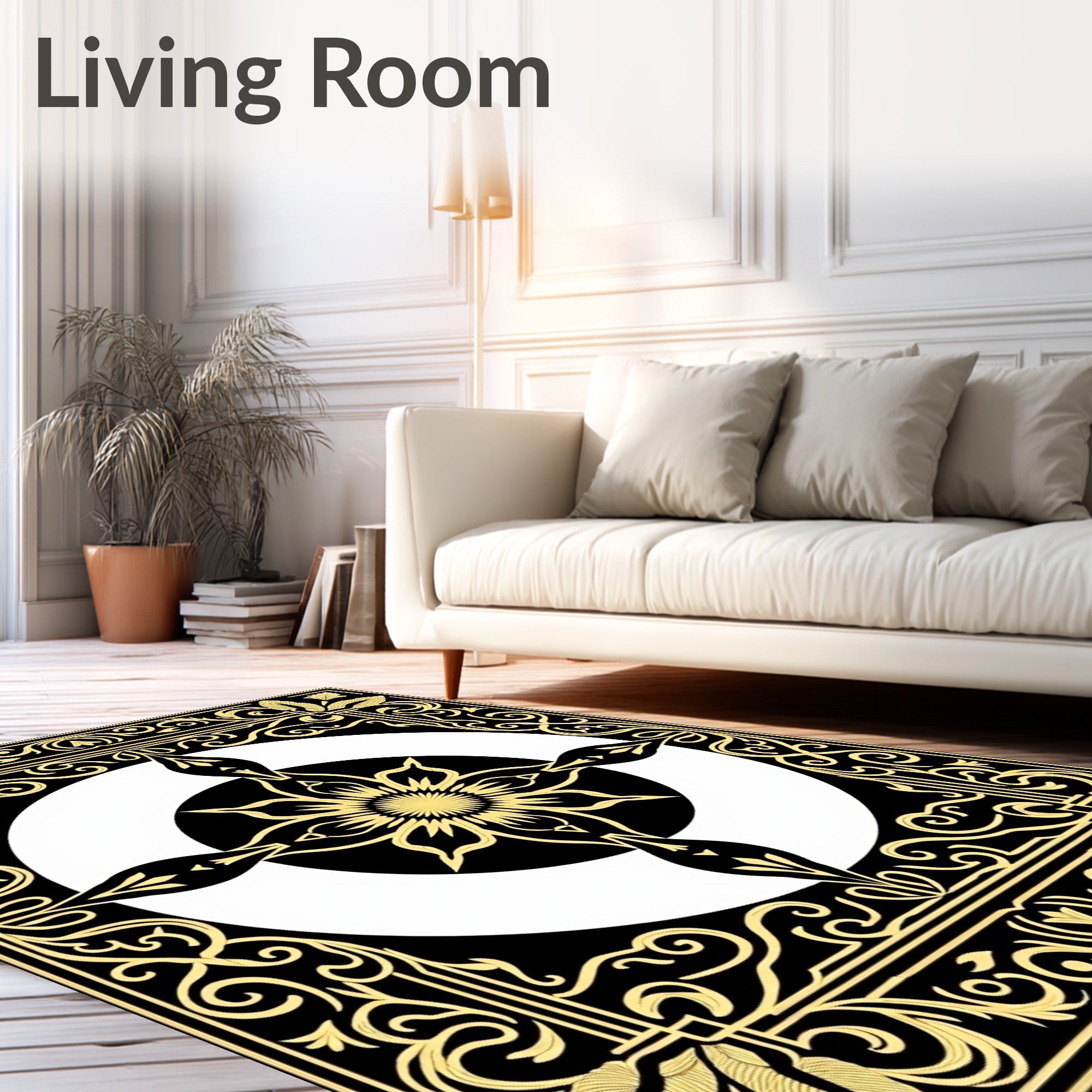 Black Gold Floral Sunburst Mandala Rug