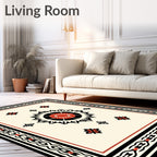 Bold Crimson Sunburst Geometric Border Rug