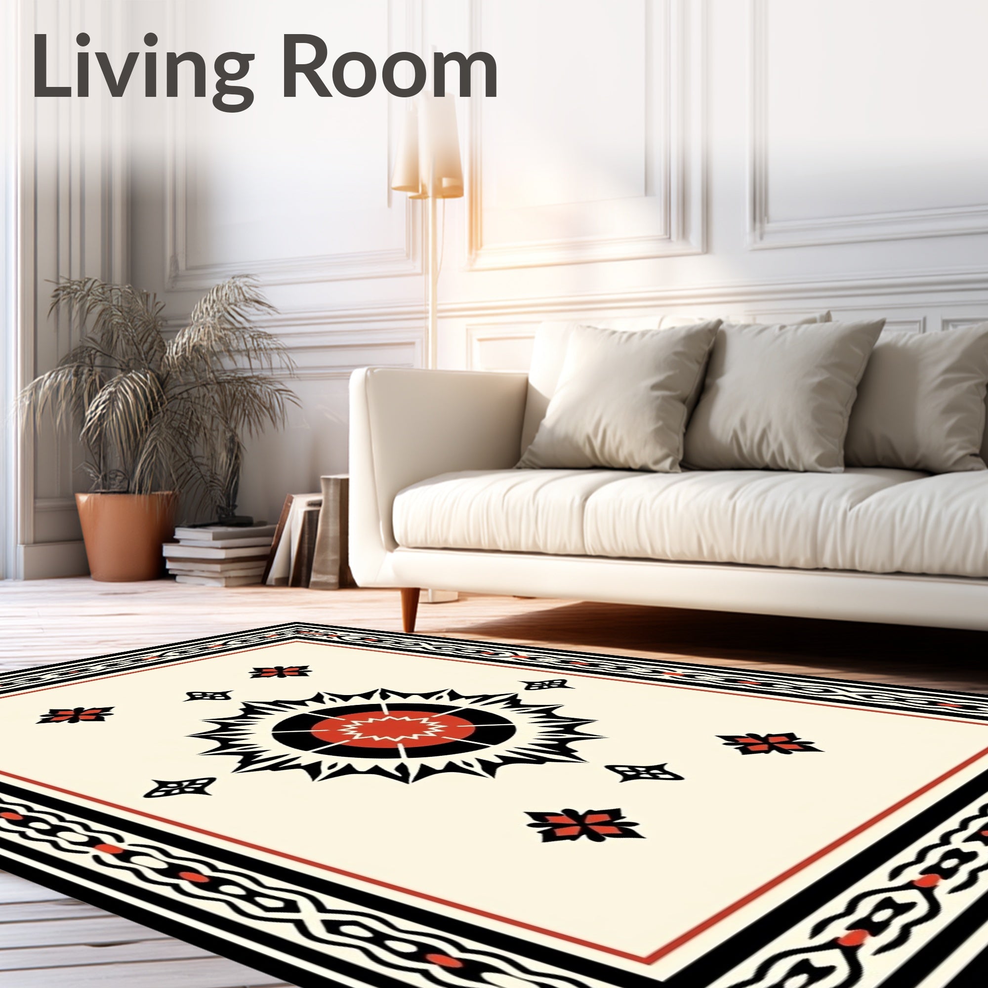 Bold Crimson Sunburst Geometric Border Rug
