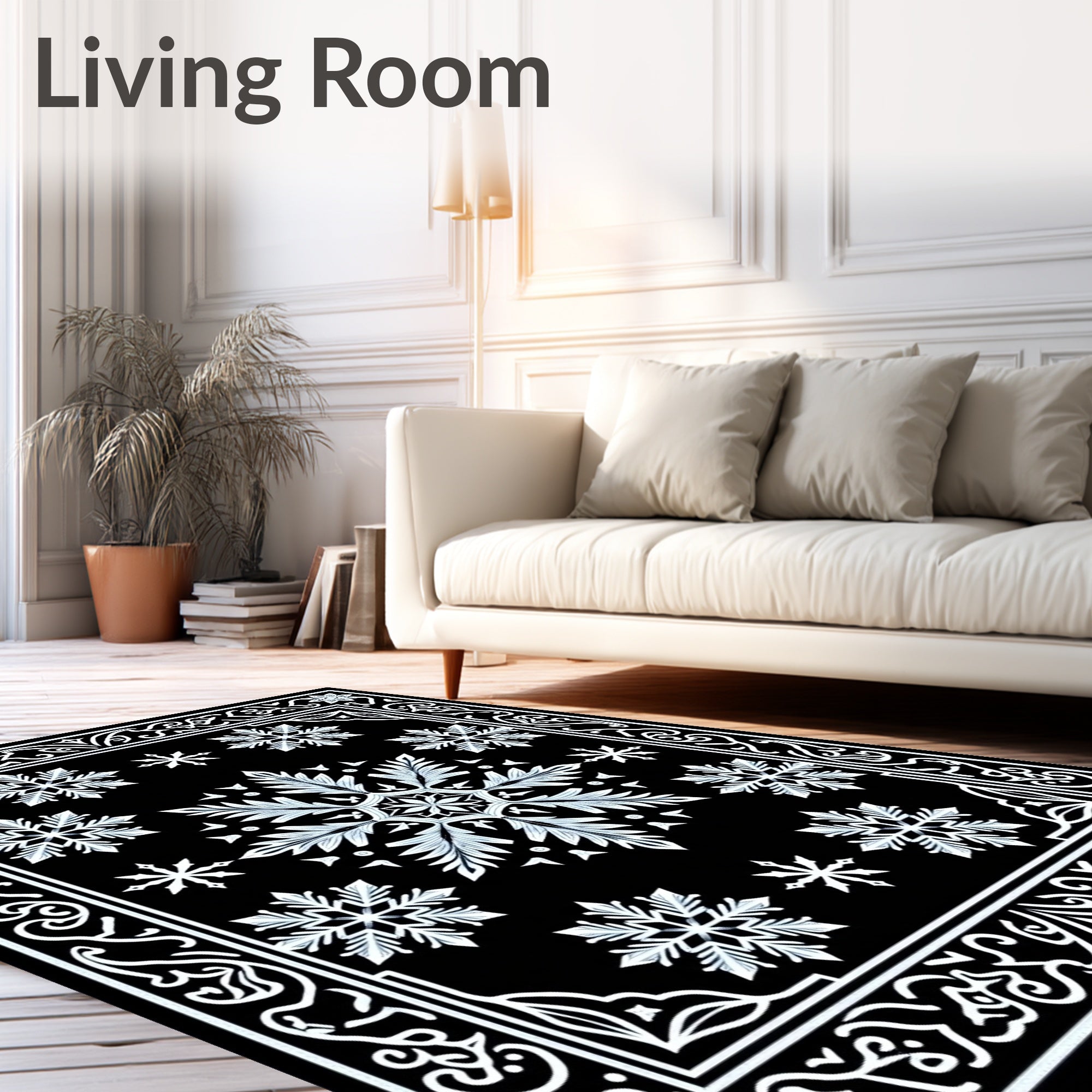 Black White Snowflake Ornamental Medallion Rug