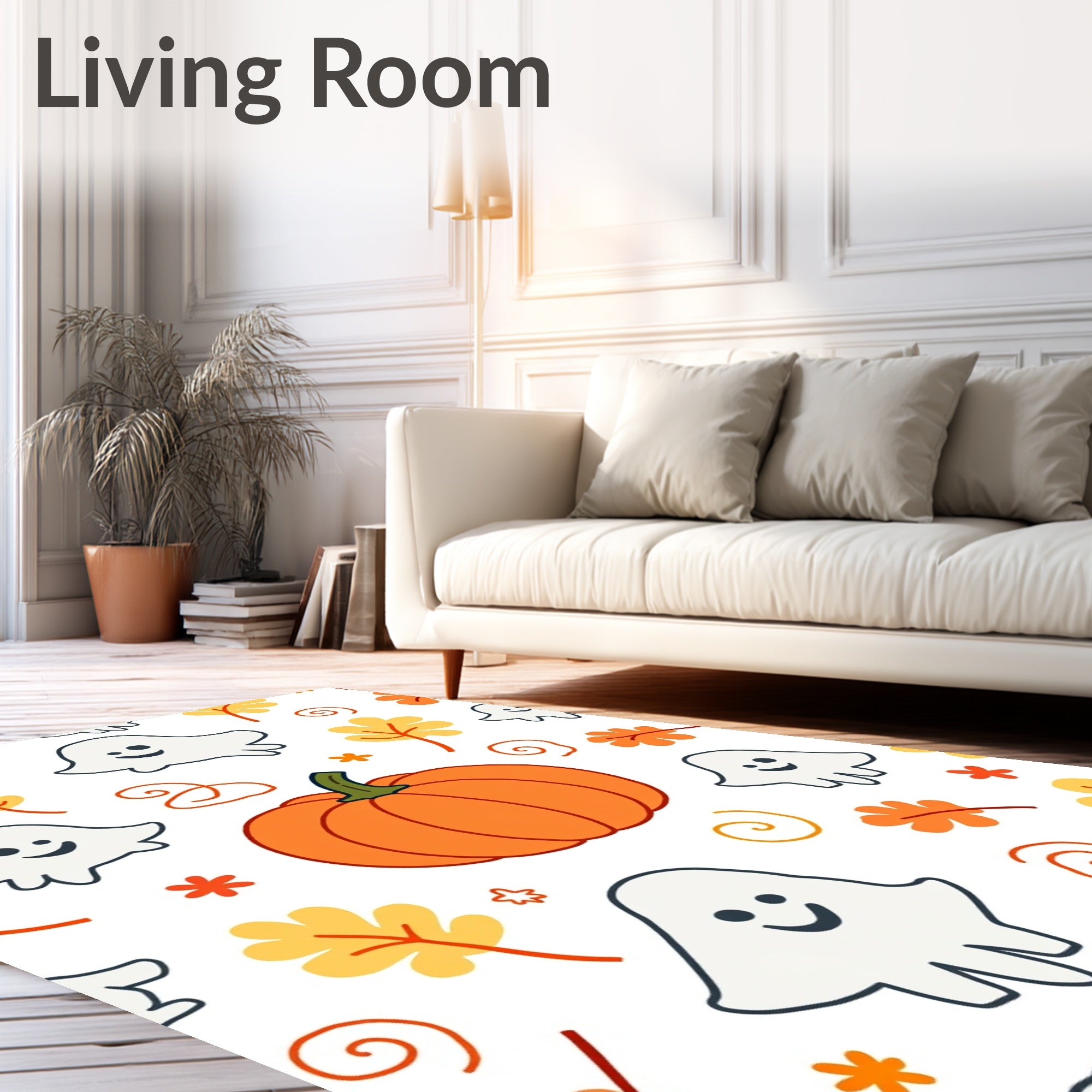 Whimsical Ghost Pumpkin Autumn Leaves Rug