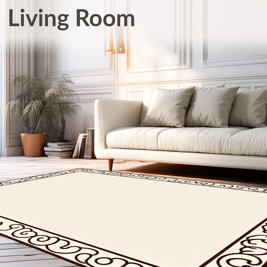 Dark Brown Ivory Scroll Border Rug