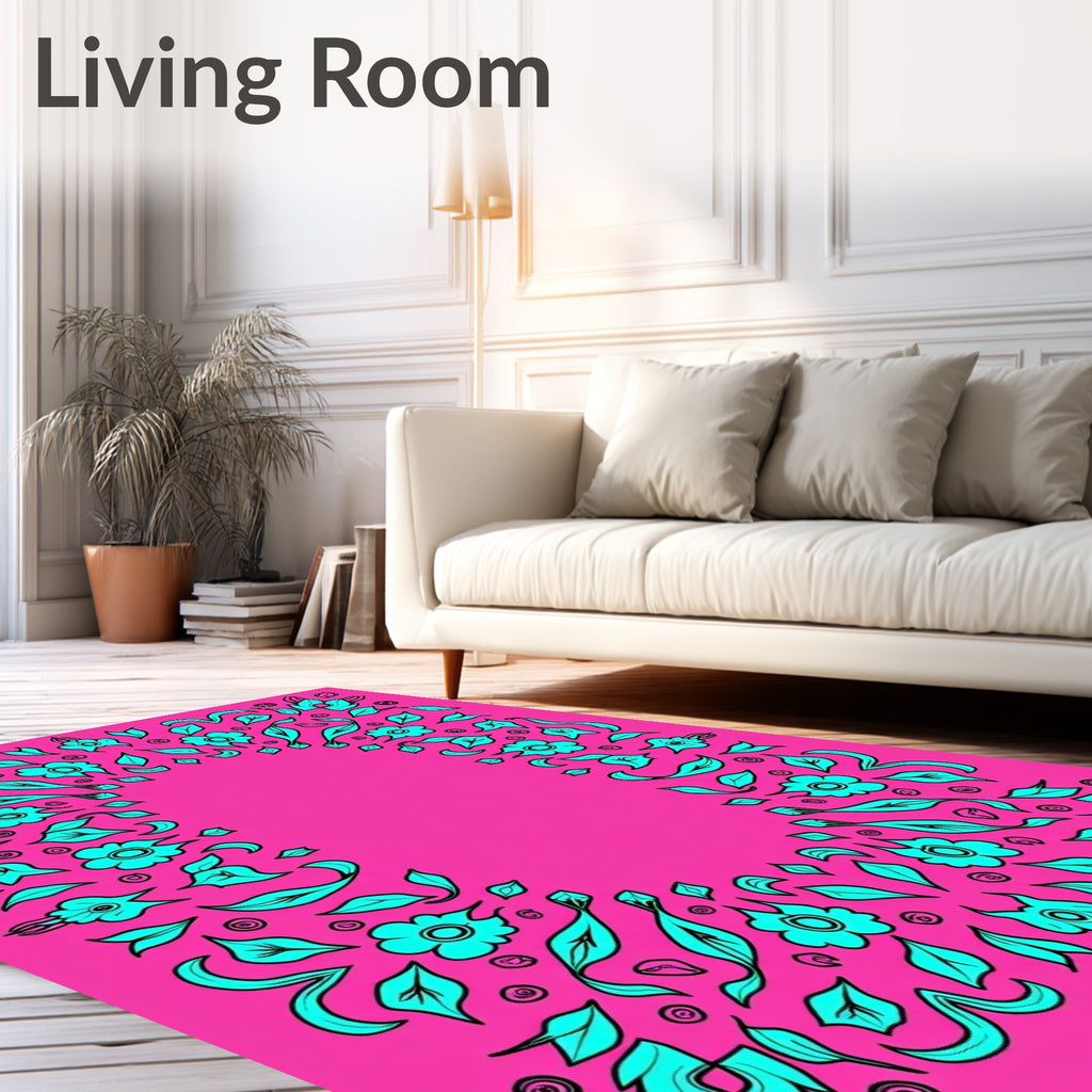 Bright Pink Teal Floral Border Rug