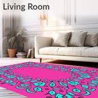 Bright Pink Teal Floral Border Rug