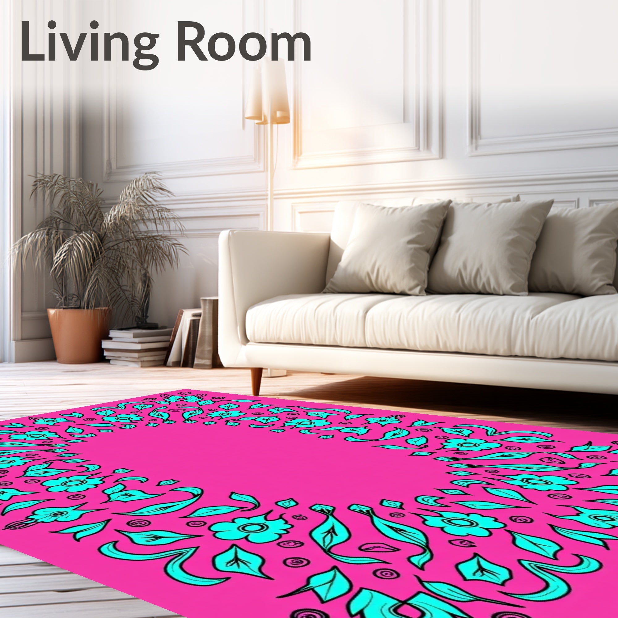 Bright Pink Teal Floral Border Rug