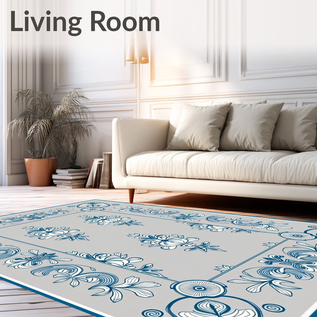 Faded Blue Floral Ornamental Frame Rug