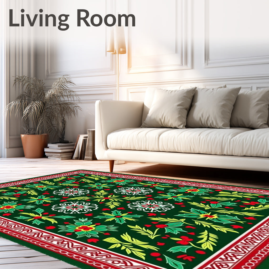 Emerald Green Red Floral Medallion Border Rug