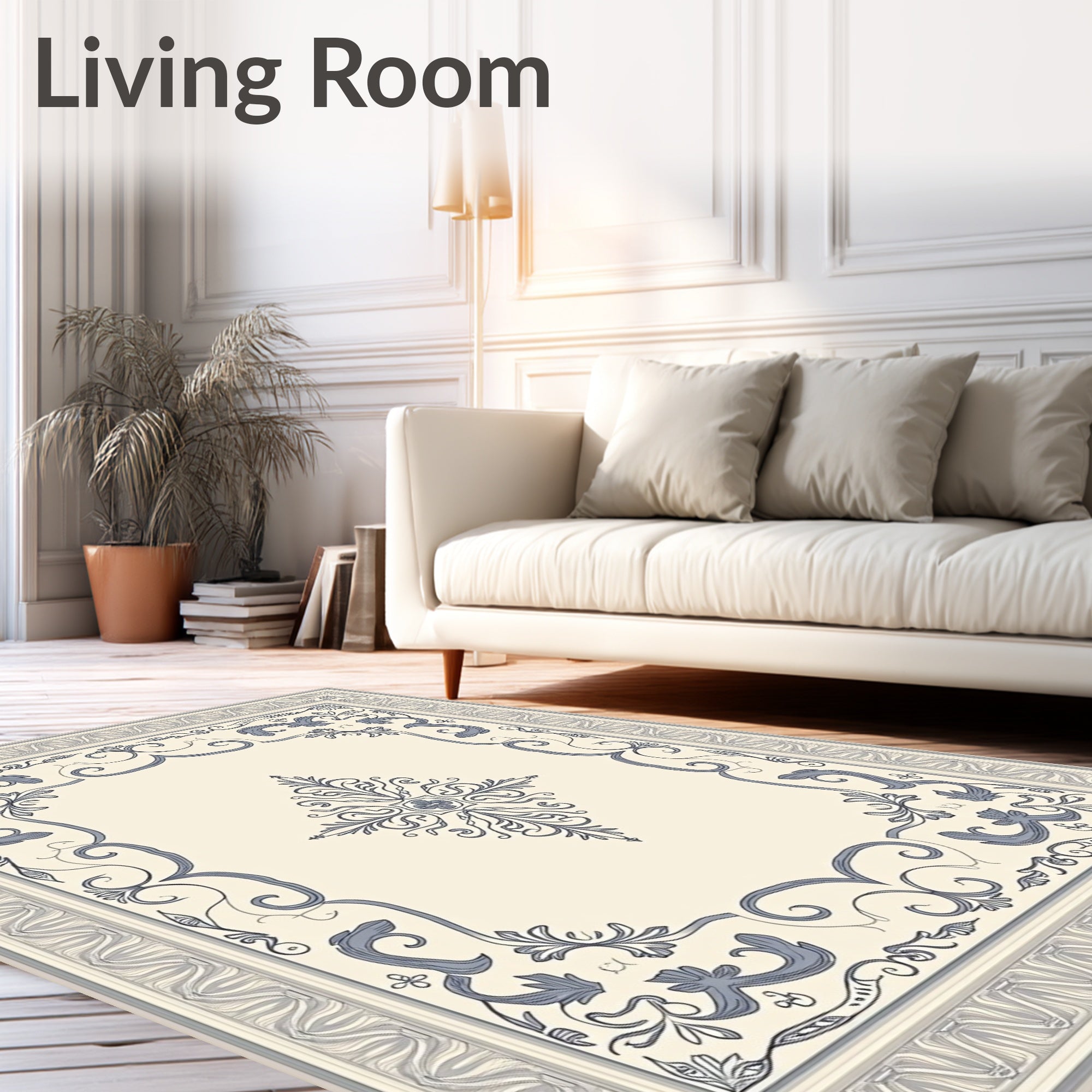 Cream Blue Floral Scroll Border Rug