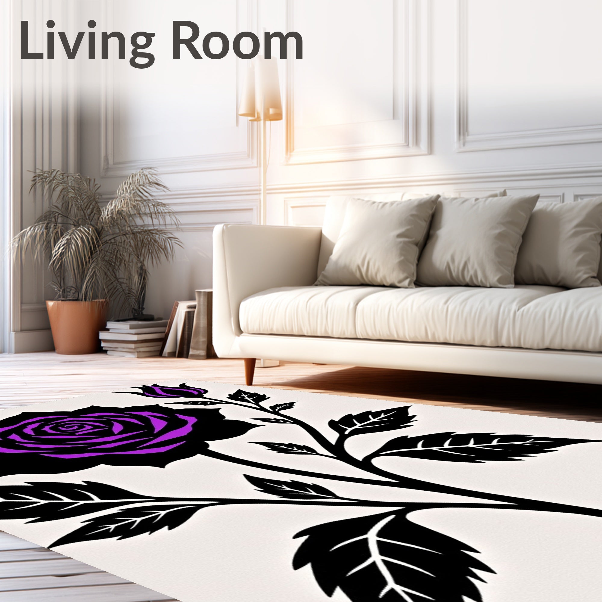 Vibrant Black Purple Rose Branch Rug