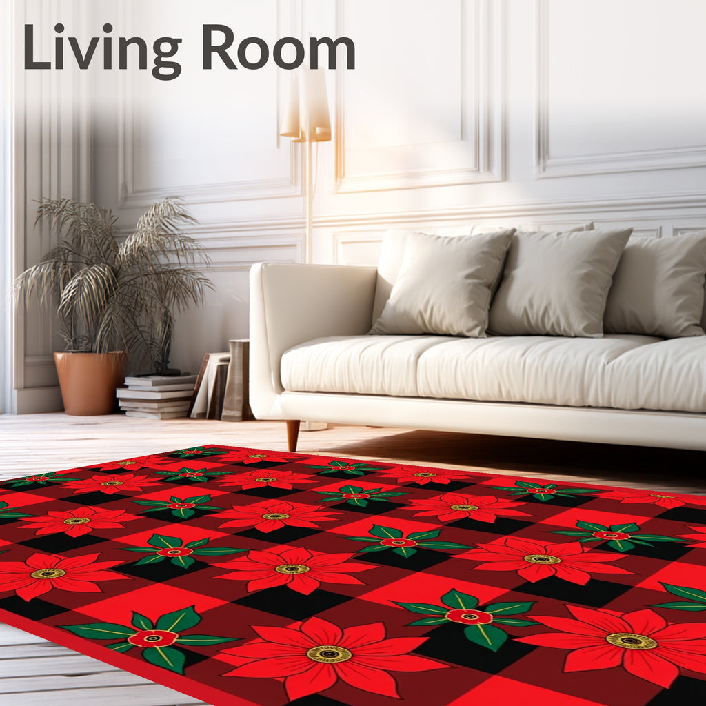 Red Black Buffalo Plaid Poinsettia Medallions Rug