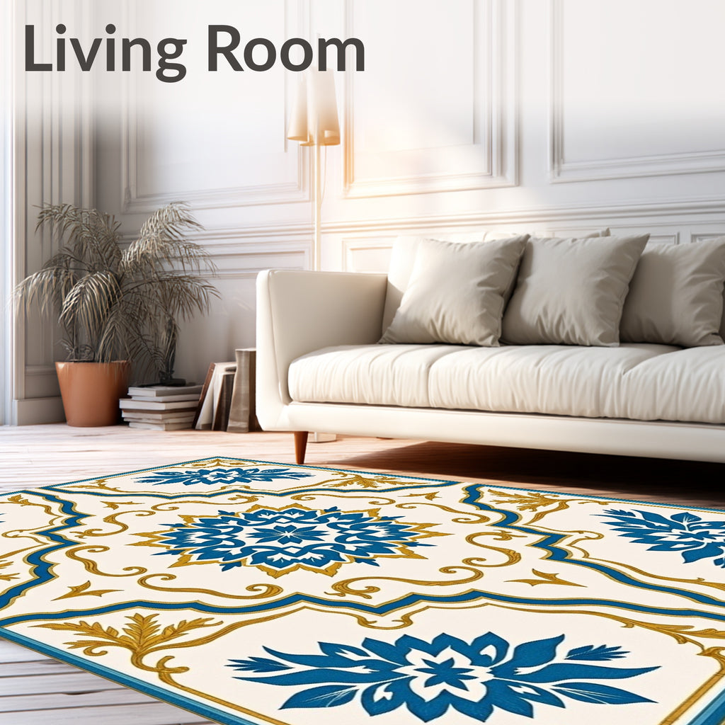 Blue Gold Floral Latticework Rug