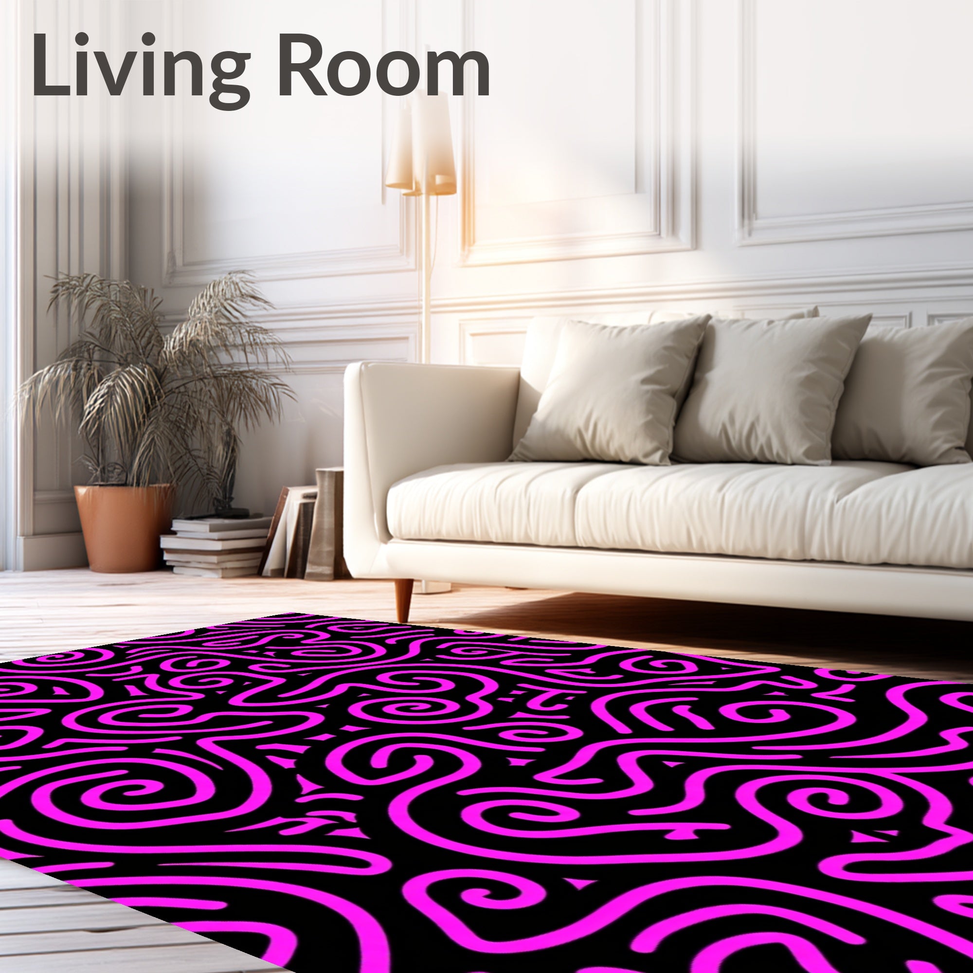 Hot Pink Swirls Black Background Rug