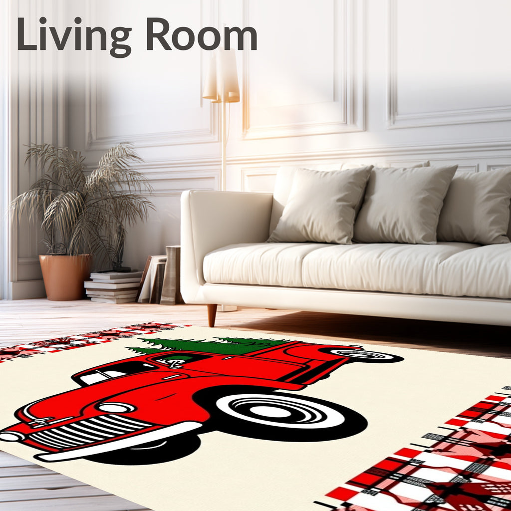 Red Truck Pine Trees Plaid Border Rug