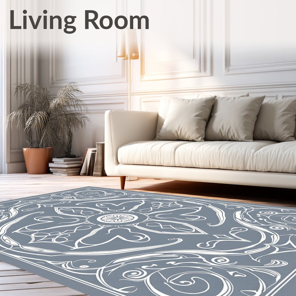 Elegant Blue White Floral Scroll Rug