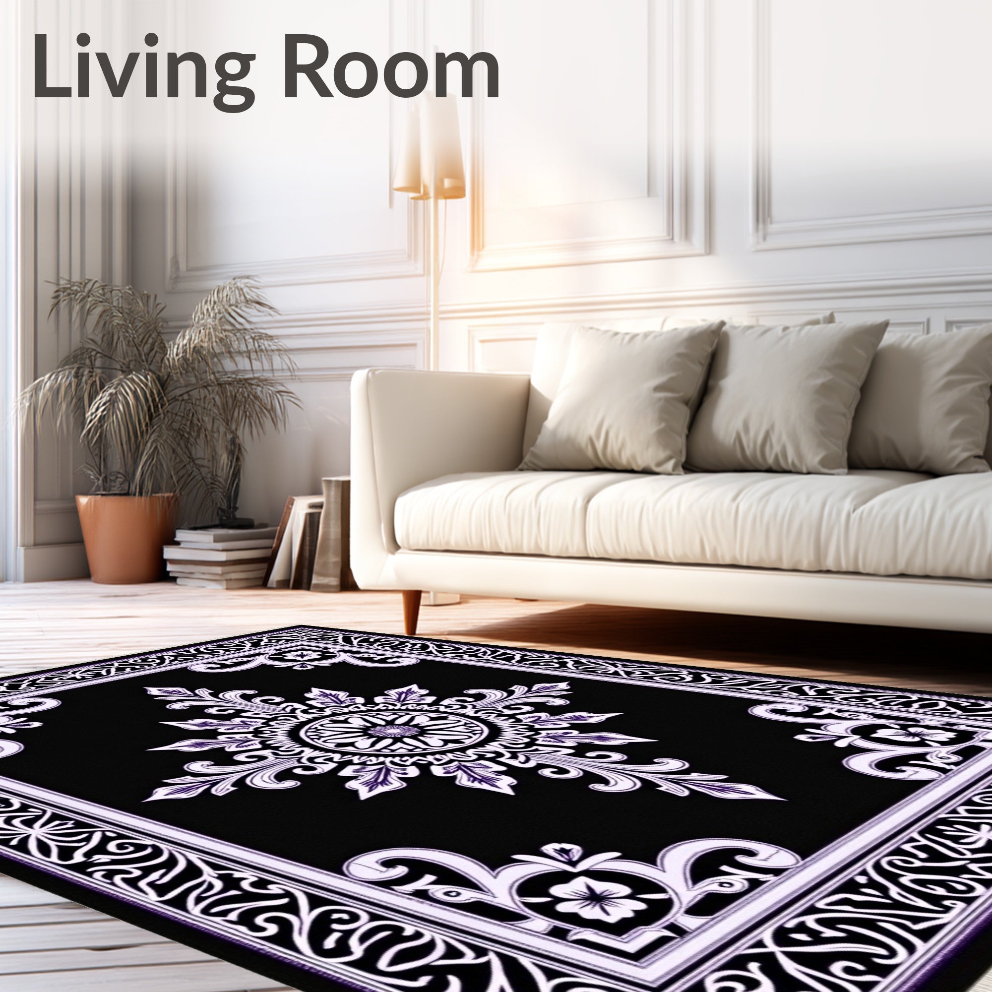 Elegant Black Purple Medallion Border Rug