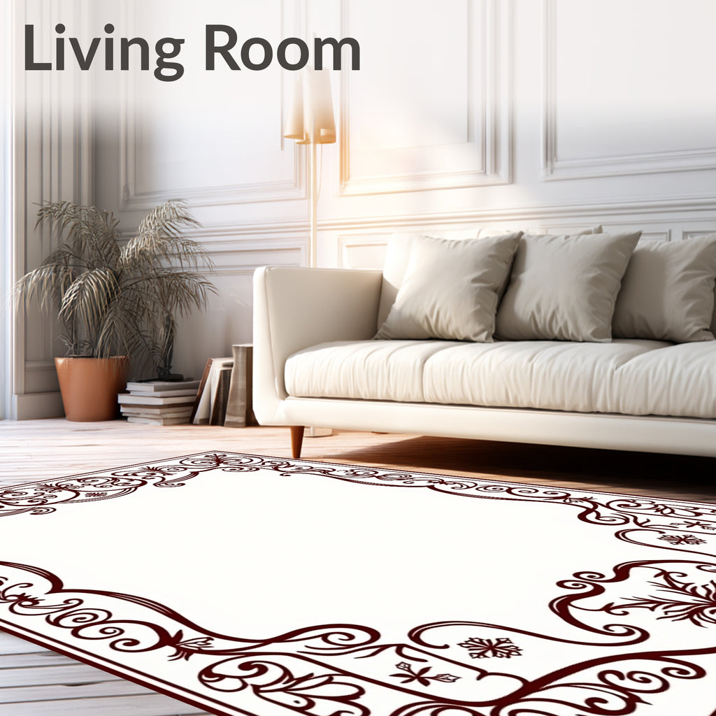 Deep Burgundy Ornate Scroll Vine Frame Rug