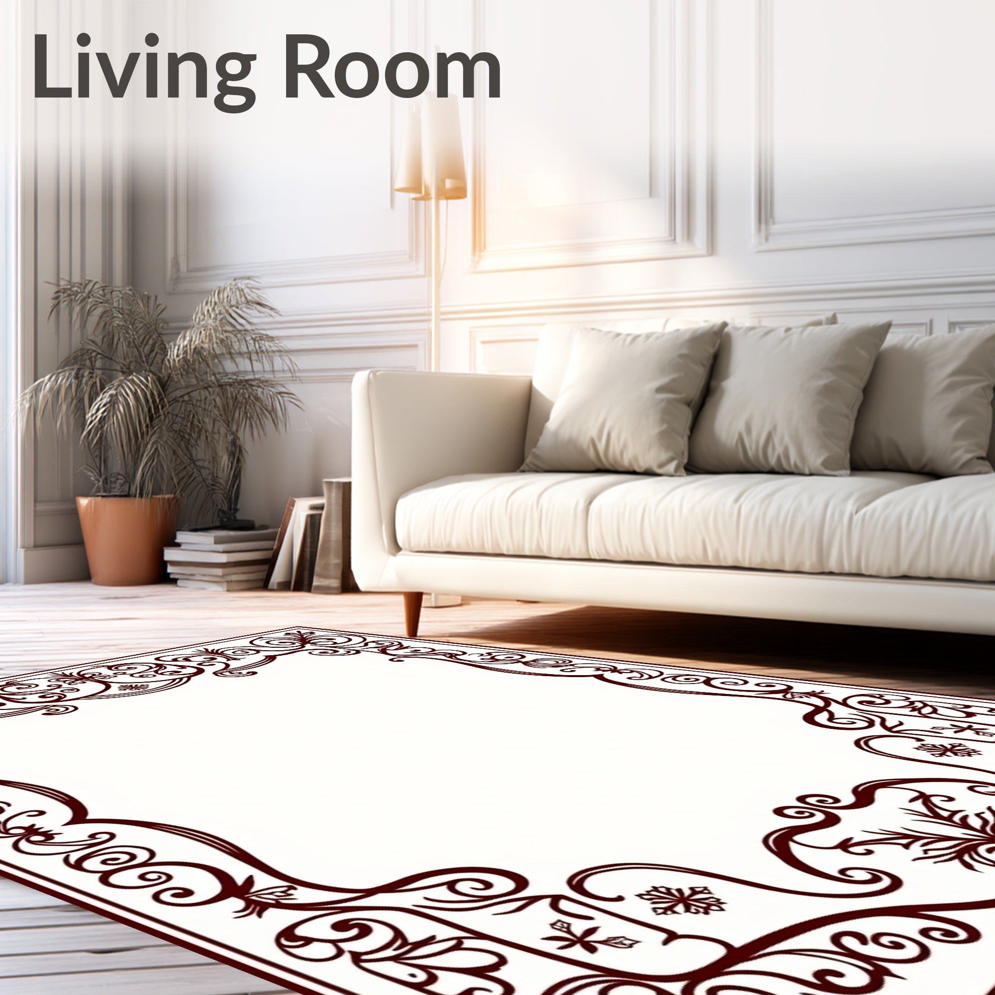 Deep Burgundy Ornate Scroll Vine Frame Rug