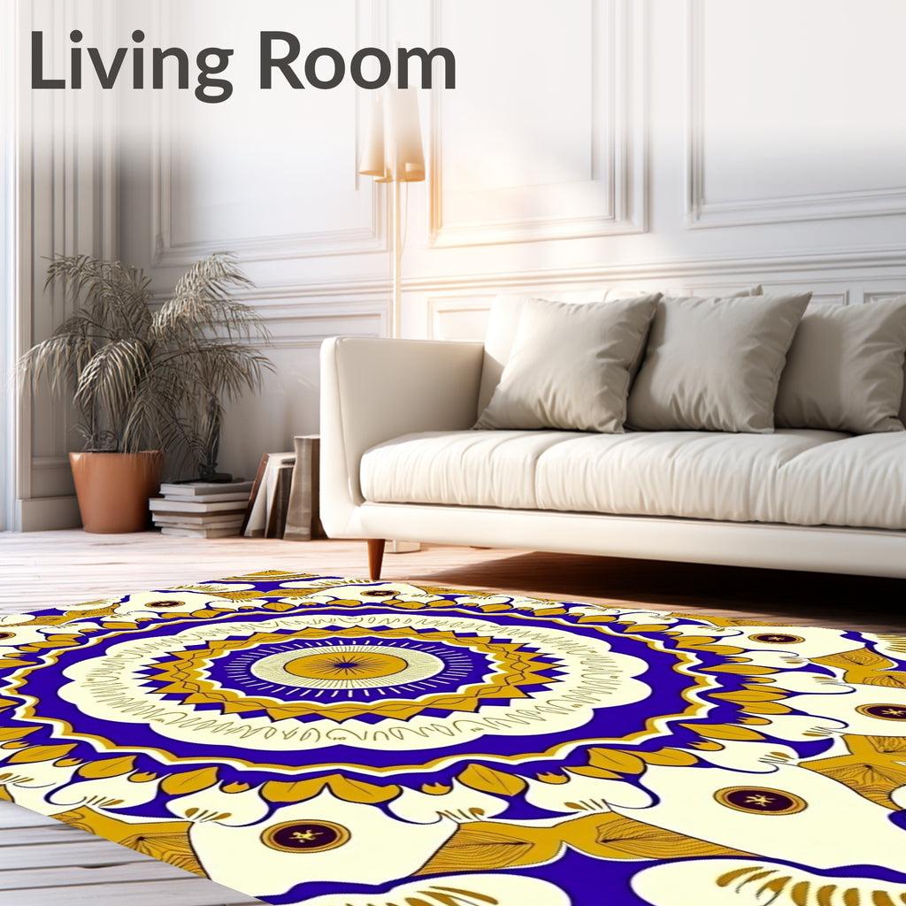 Vibrant Blue Gold Mandala Bloom Rug